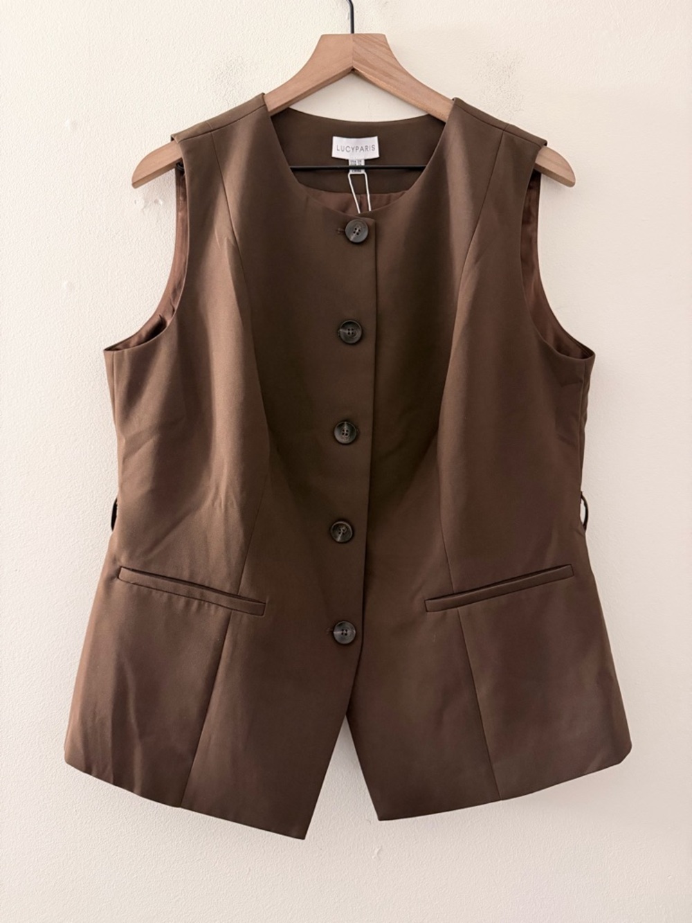 Lucy Paris Anna Woven Scoop Neck Sleeveless Button Front Vest dark brown 2X